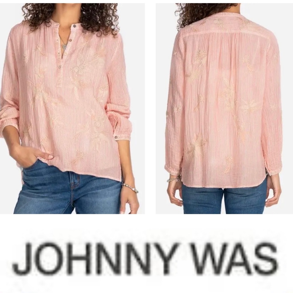 Johnny Was Workshop Pink Striped Long Sleeve 100% Cotton Waffled Material Boho